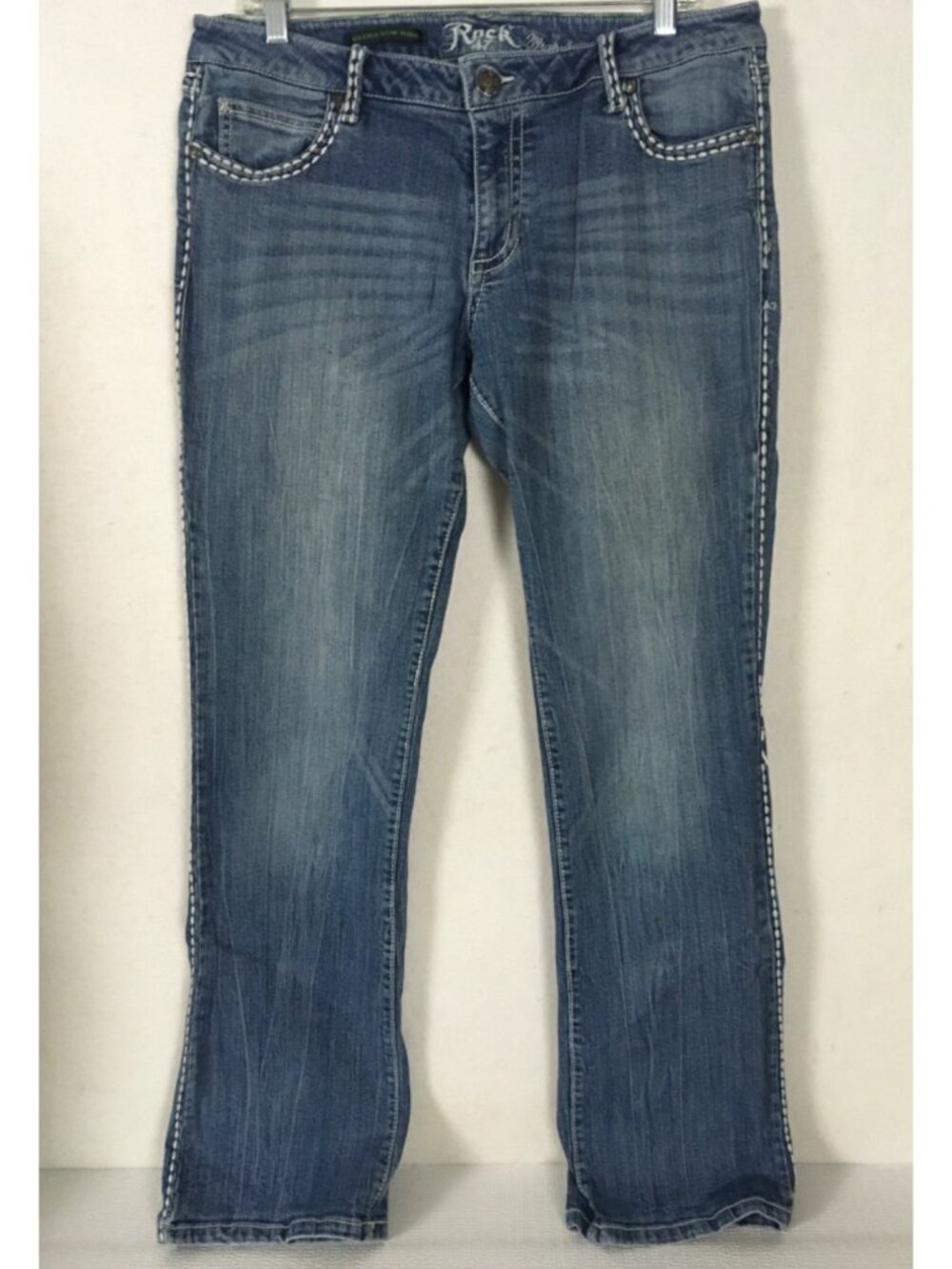 Rock 47 Jeans Women Size 11 Ultra Low Rise Bootcut Blue Embellished Pockets